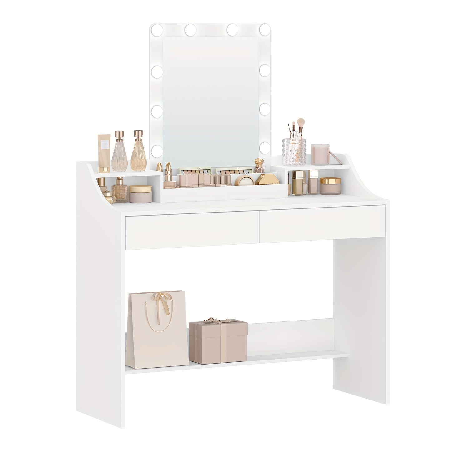 Toilettafel – Kaptafel – Make-up Tafel – Schminktisch – Meisjestafel – LED Verlichting – Verstelbare Helderheid – 108 cm – Wit – 2 Lades – 3 Open Vakken