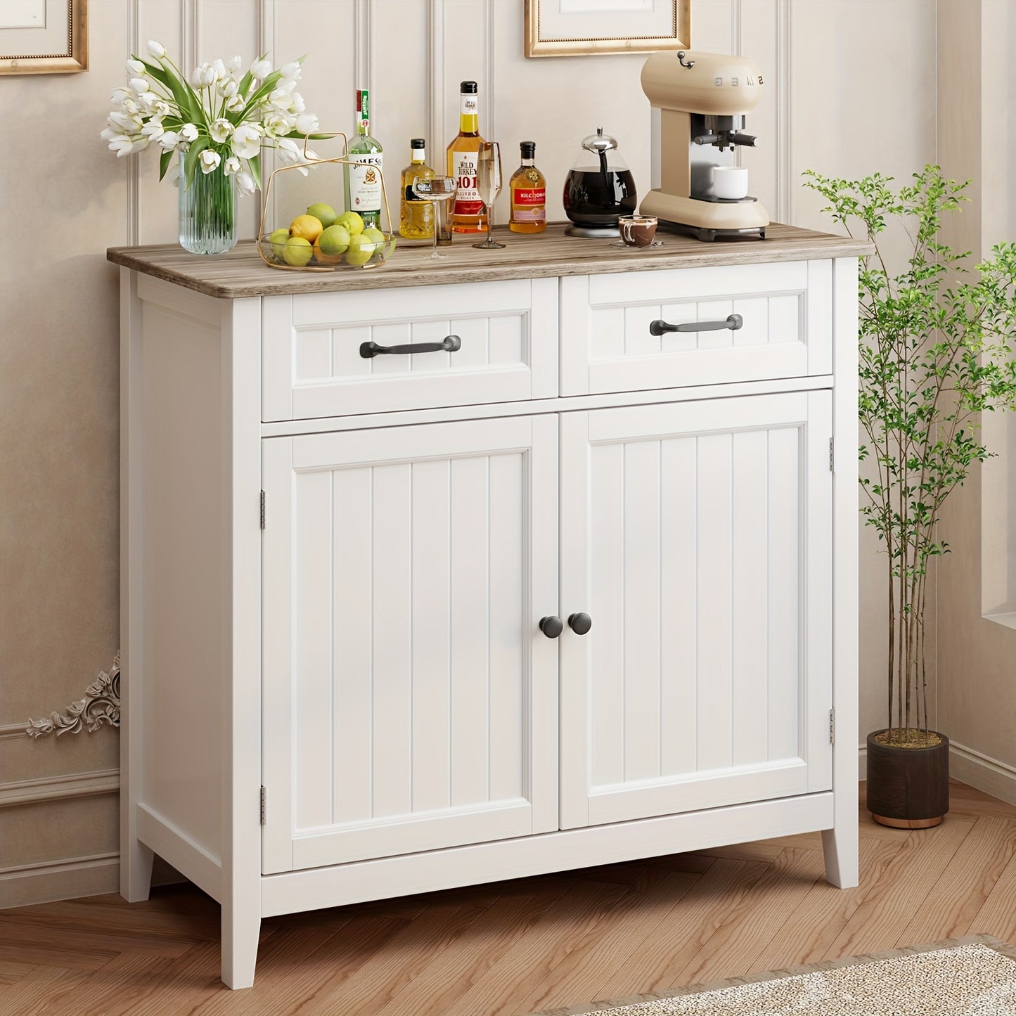 Dressoir – Buffetkast – Opbergkast – Keukenkast – Sideboard – Ruim Met Lade En Verstelbare Plank – Hardhouten Grijs