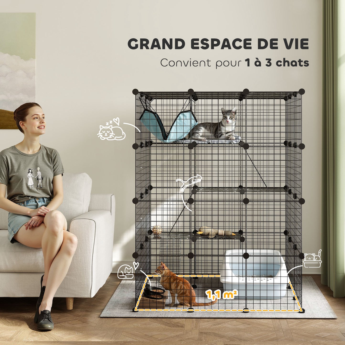 Modulaire Binnenren – Konijnenren – Kleine Dierenkooi – Binnenkooi – Huisdierenren – Zwart Metalen Draadwerk – 4 Niveaus en 1,1 m² Speelruimte