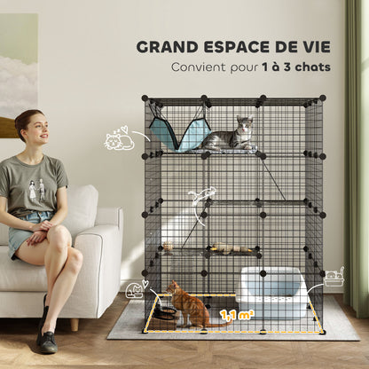 Modulaire Binnenren – Konijnenren – Kleine Dierenkooi – Binnenkooi – Huisdierenren – Zwart Metalen Draadwerk – 4 Niveaus en 1,1 m² Speelruimte