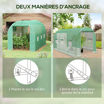 Tunnelse kas – Tuinkas – Broeikas – Groentekas – Plantenkas – 8 m² vloeroppervlak – Versterkt stalen frame – Dubbele ritssluiting – 6 oprolbare ramen – Groen
