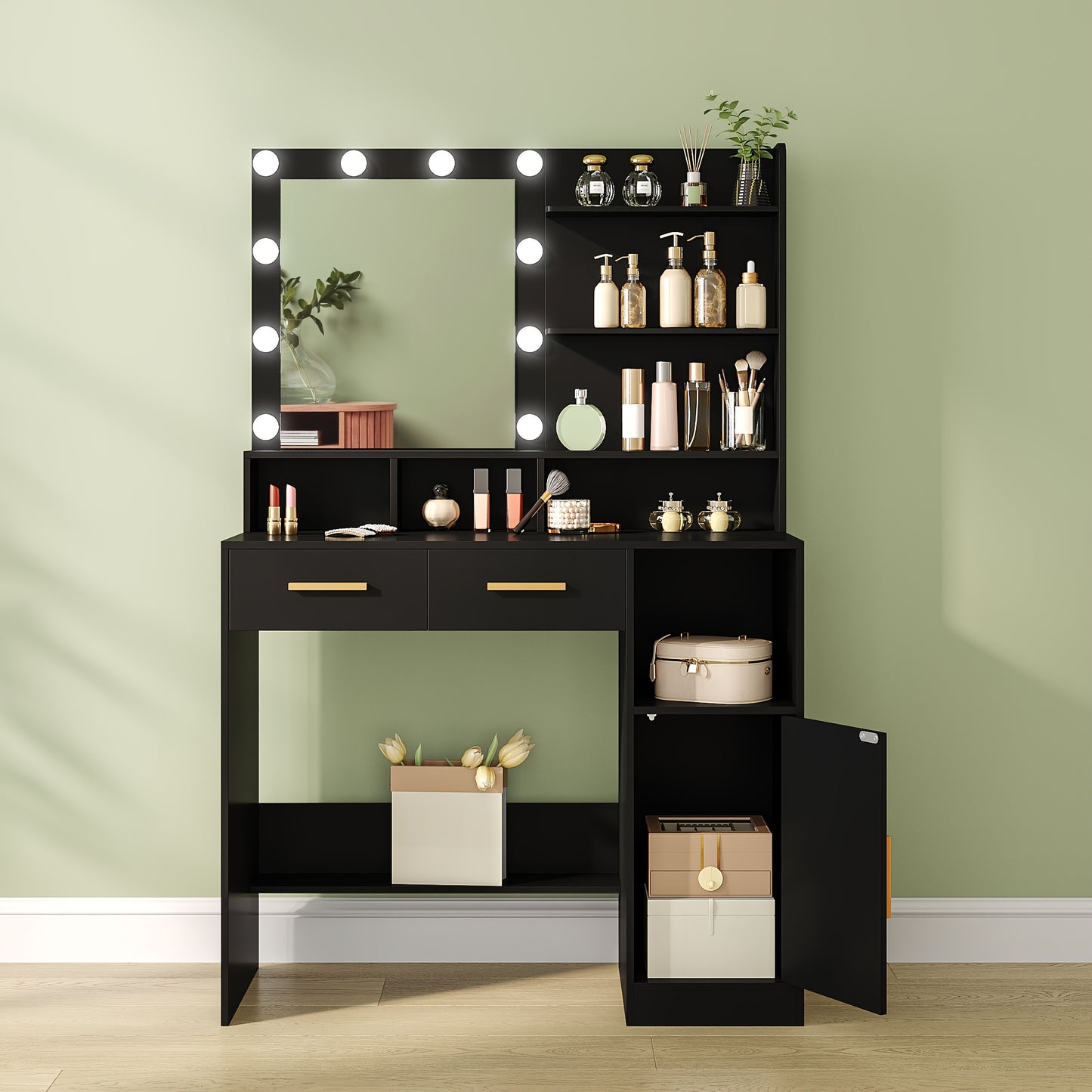 Make-up tafel – kaptafel – schminktafel – make-up bureau – toilettafel – verstelbare LED-verlichting – ruime opbergruimte met lades en kastje – zwart