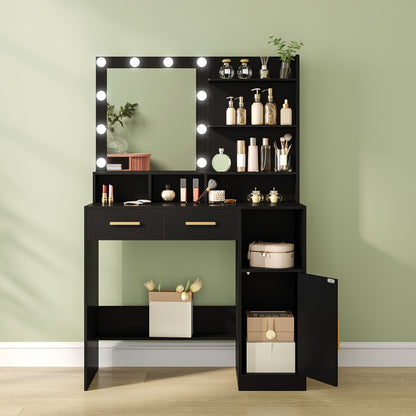 Make-up tafel – kaptafel – schminktafel – make-up bureau – toilettafel – verstelbare LED-verlichting – ruime opbergruimte met lades en kastje – zwart