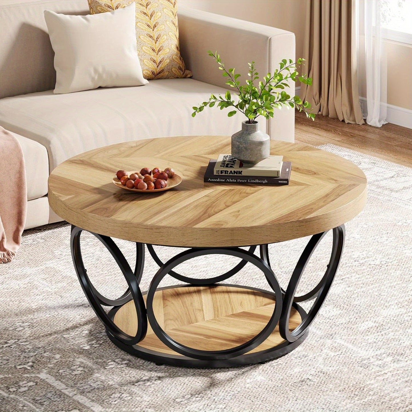 Ronde Salontafel – Ronde Tafel – Houten Tafel – Woonkamertafel – Farmhouse Tafel – 80 cm Diameter – 2-Tier Opbergruimte – E1 MDF Metalen Frame