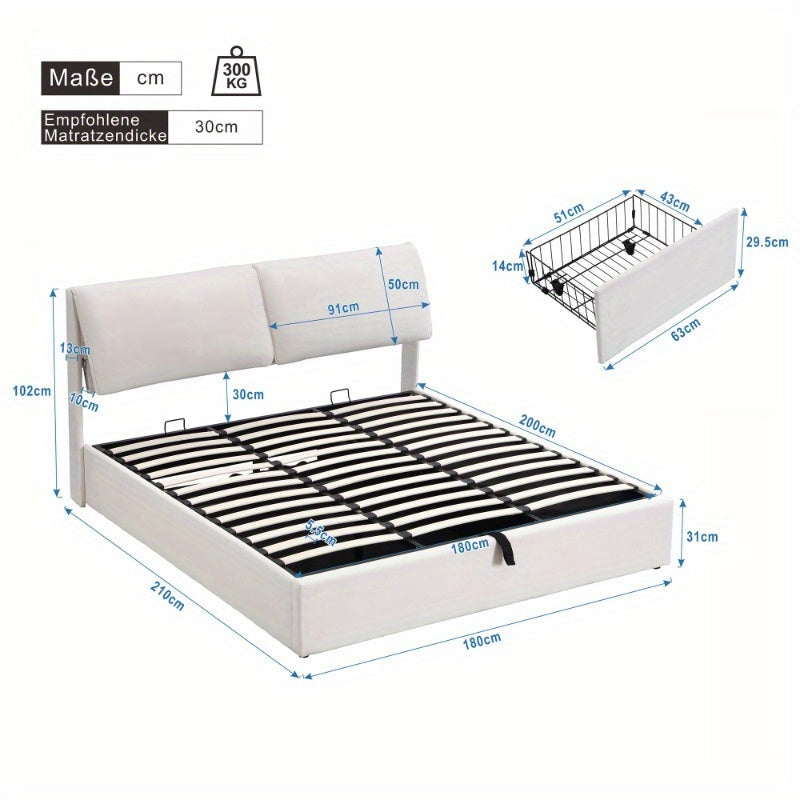 Opbergbed – Opbergbedframe – Hydraulisch Bed – Gestoffeerd Bed – Tweepersoonsbed – 180x200 cm – Beige Fluweel – Met Hoofdeinde & 3 Metalen Lades – Lattenbodem Zonder Matras