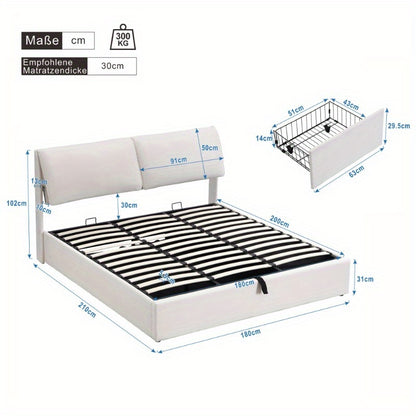 Opbergbed – Opbergbedframe – Hydraulisch Bed – Gestoffeerd Bed – Tweepersoonsbed – 180x200 cm – Beige Fluweel – Met Hoofdeinde & 3 Metalen Lades – Lattenbodem Zonder Matras