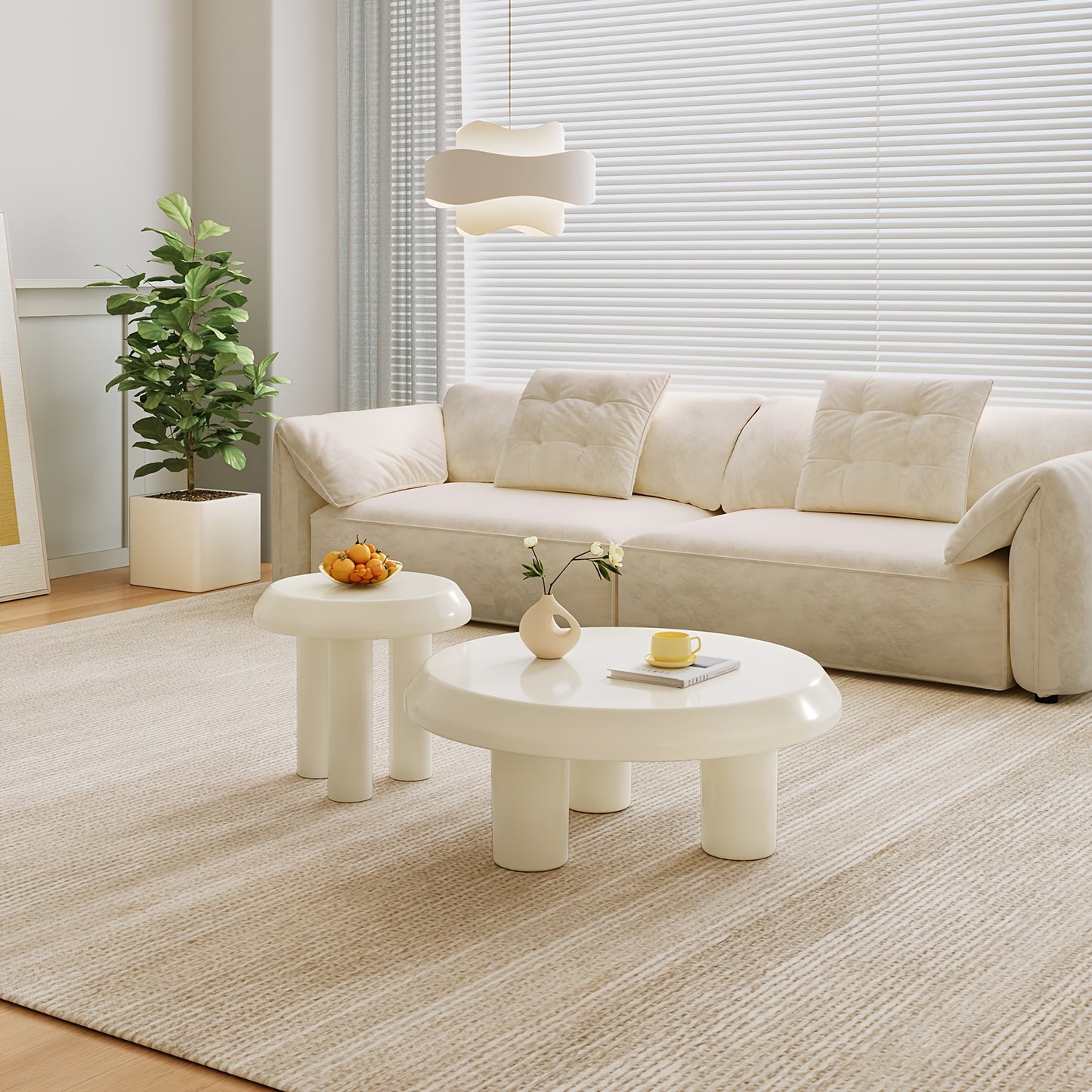 Salontafel – Bijzettafel – Koffietafel – Woonkamertafel – Banktafel – Set Van 2 – Ronde Design – Milky Wit – Compact En Ruimtebesparend – Eenvoudig Te Monteren