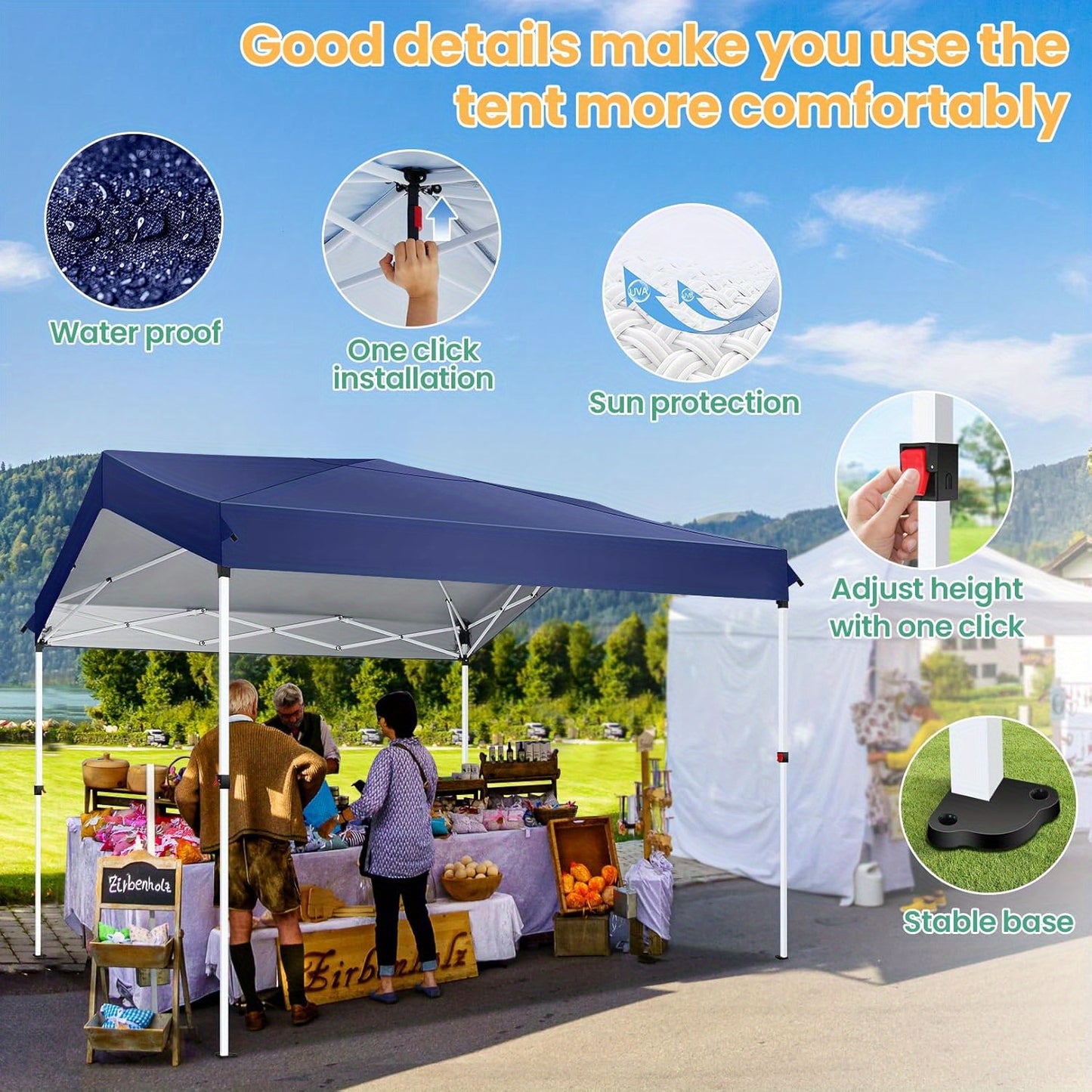 Pop-Up Tent – Buitentent – Vouwtent – Zonnescherm – Markttent – Zwart – 3,05x3,05 meter – UPF 50+ UV-bescherming – Verstelbare hoogte met zijwand