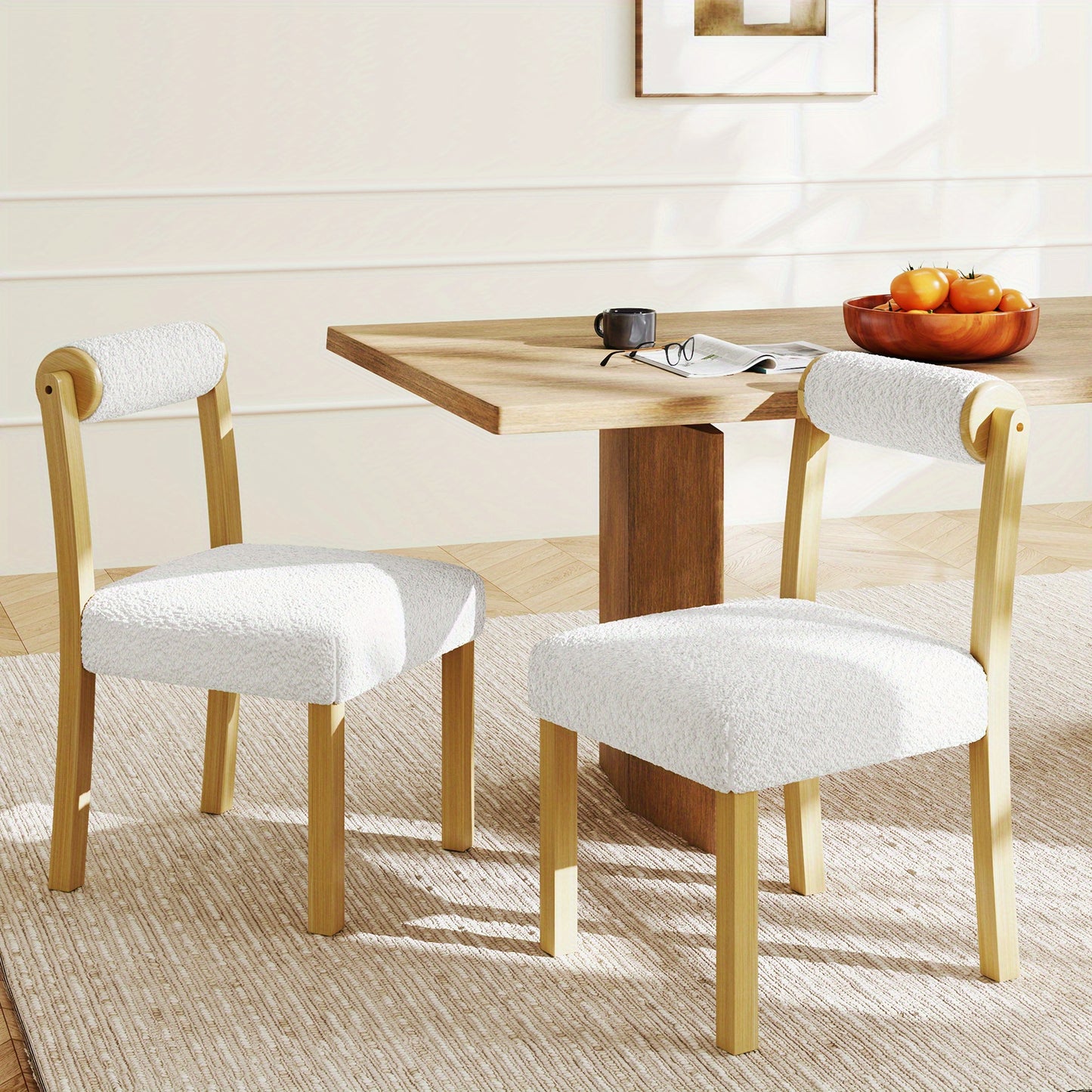 Eetkamerstoel – Houten Stoel – Keukenstoel – Dining Chair – Stoel Met Kussen – Set Van 2 Of 4 – Witte Faux Sherpa Bekleding – Stevig Rubberhouten Frame