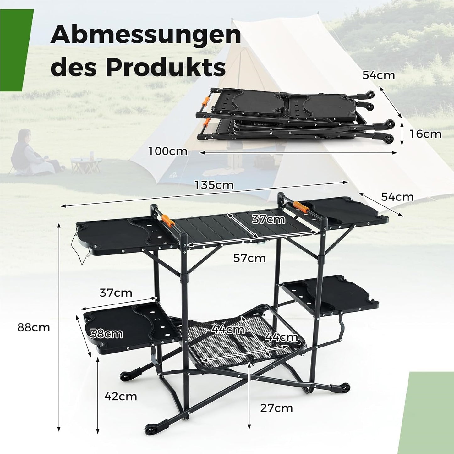 Campingkeuken – Kampeerkeuken – Reiskeuken – Campingkast – Buitenkeuken – Opvouwbaar – Aluminium Werkblad – 4 Inklapbare Zijtafels