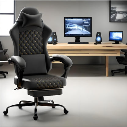 Ergonomically Designed Gaming Chair | Leather Upholstered with Massage Function and Footrest, Supports up to 150kg, Enhances Comfort for Gaming and Office Use, Black