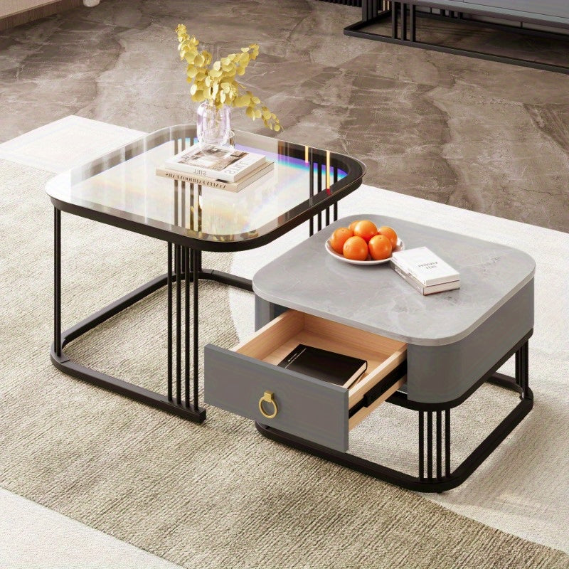 Salontafel – Koffietafel – Bijzettafel – Tafeltje – Side Table – Zwarte uitvoering – Set van 2 Stapelbare Tafels – Hoogglans Marmer Look – Lades en Glazen Blad