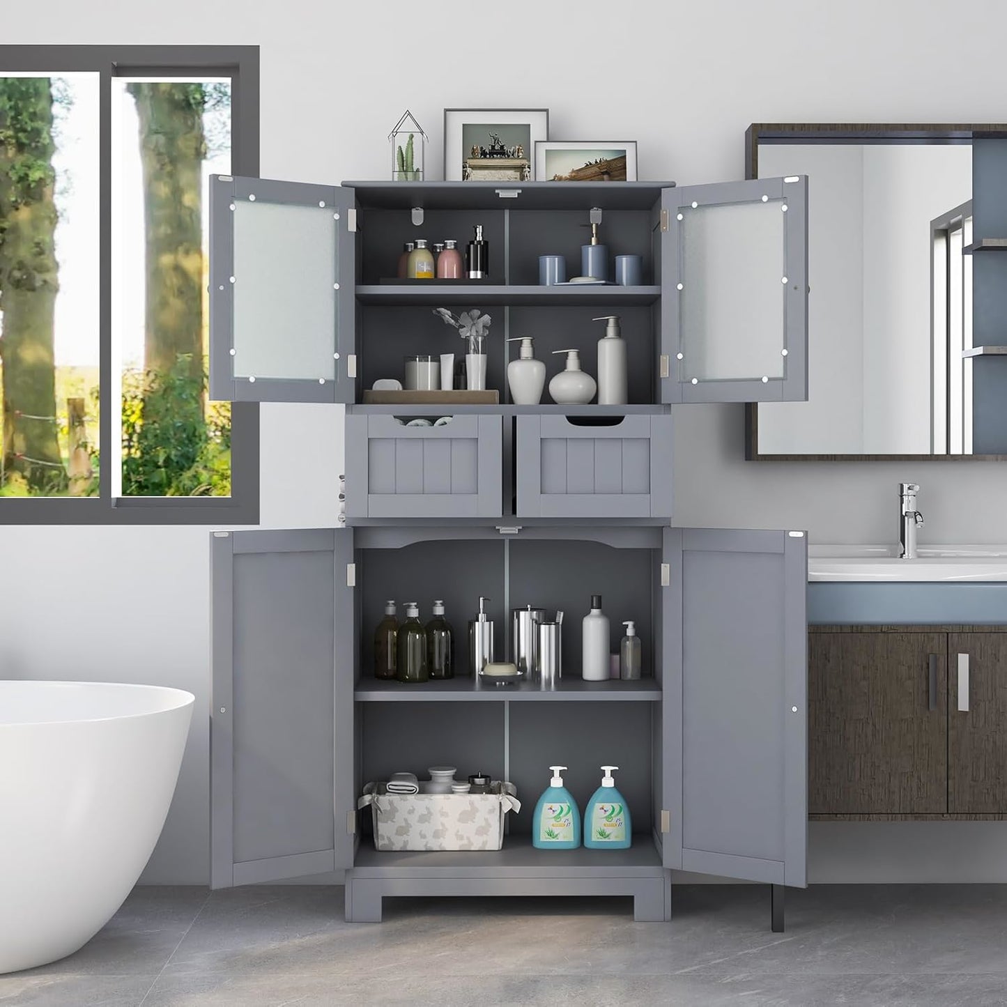 Grijs Opbergkastje – Opbergmeubel – Kast – Dressoir – Kabinet – Verstelbare Legplanken – Ruime Opbergruimte – Slank Design – Veilig Anti-Kantel