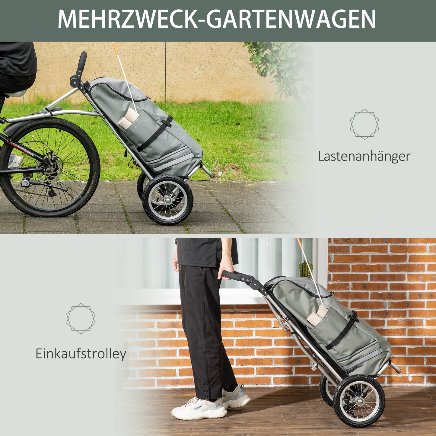 Fietskar – Fietsaanhanger – Winkelwagen – Aanhangwagen – Bolderwagen – Aluminium Frame – Waterafstotende Oxford Tas – Opvouwbaar – Max 24,3 kg – 53x43x110 cm – Grijs/Zilver