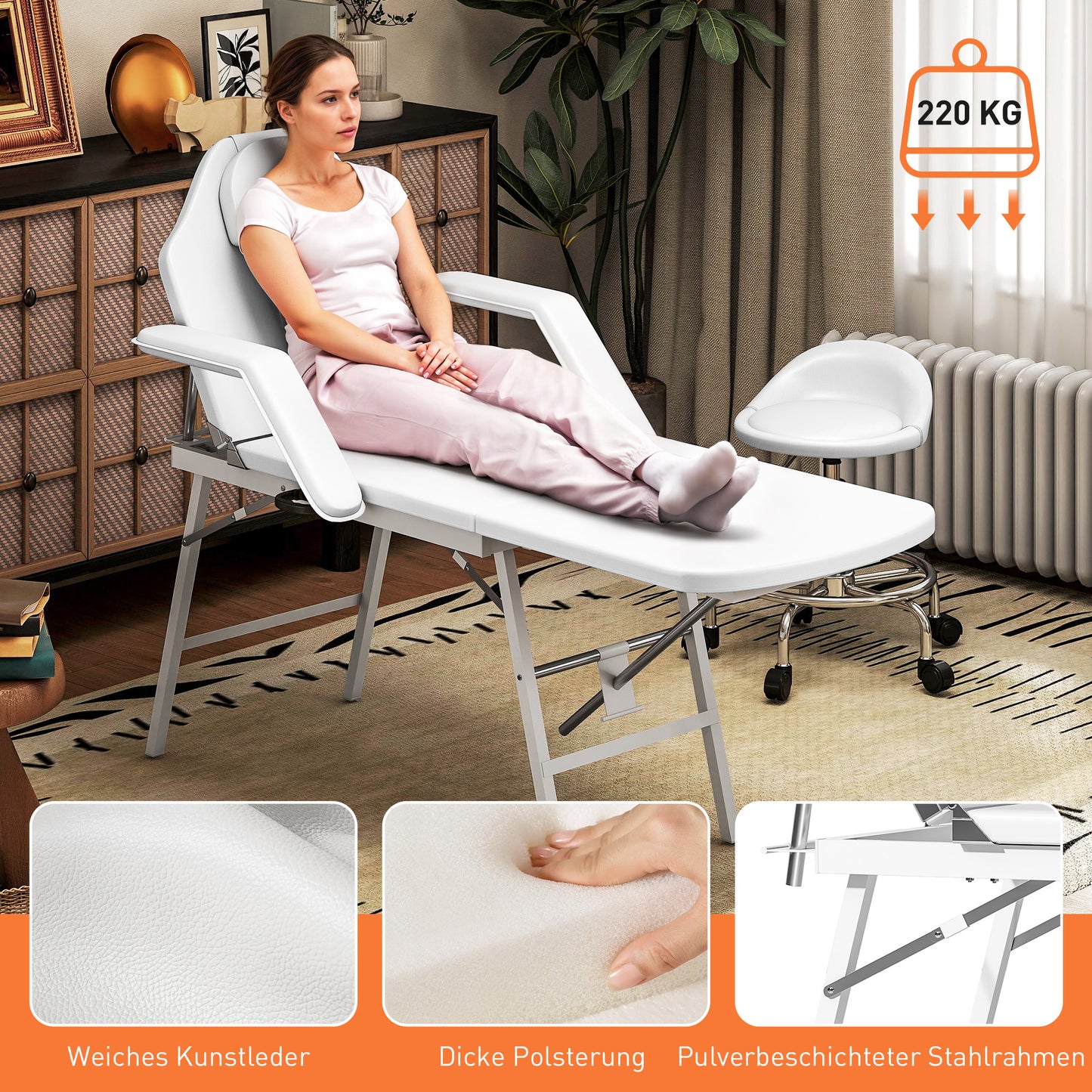 Massagetafel – Draagbare Massagebank – Ontspanningstafel – Therapiebed – Inklapbare Tafel – Verstelbare Rugleuning – Stevig Stalen Frame – Wit Kunstleer Met 4cm Foam