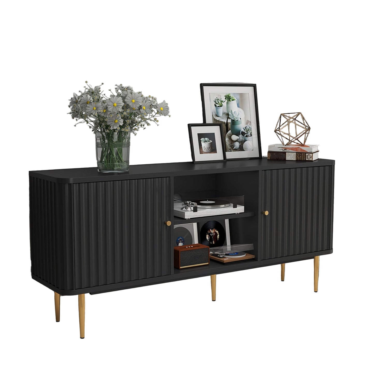 Tv Meubel – TV Kast – Tv Dressoir – Media Meubel – Entertainment Meubel – Zwart – 139,7 cm Breed – 2-Deurs Opbergruimte – Open Planken – Duurzaam Hout – Eenvoudige Montage