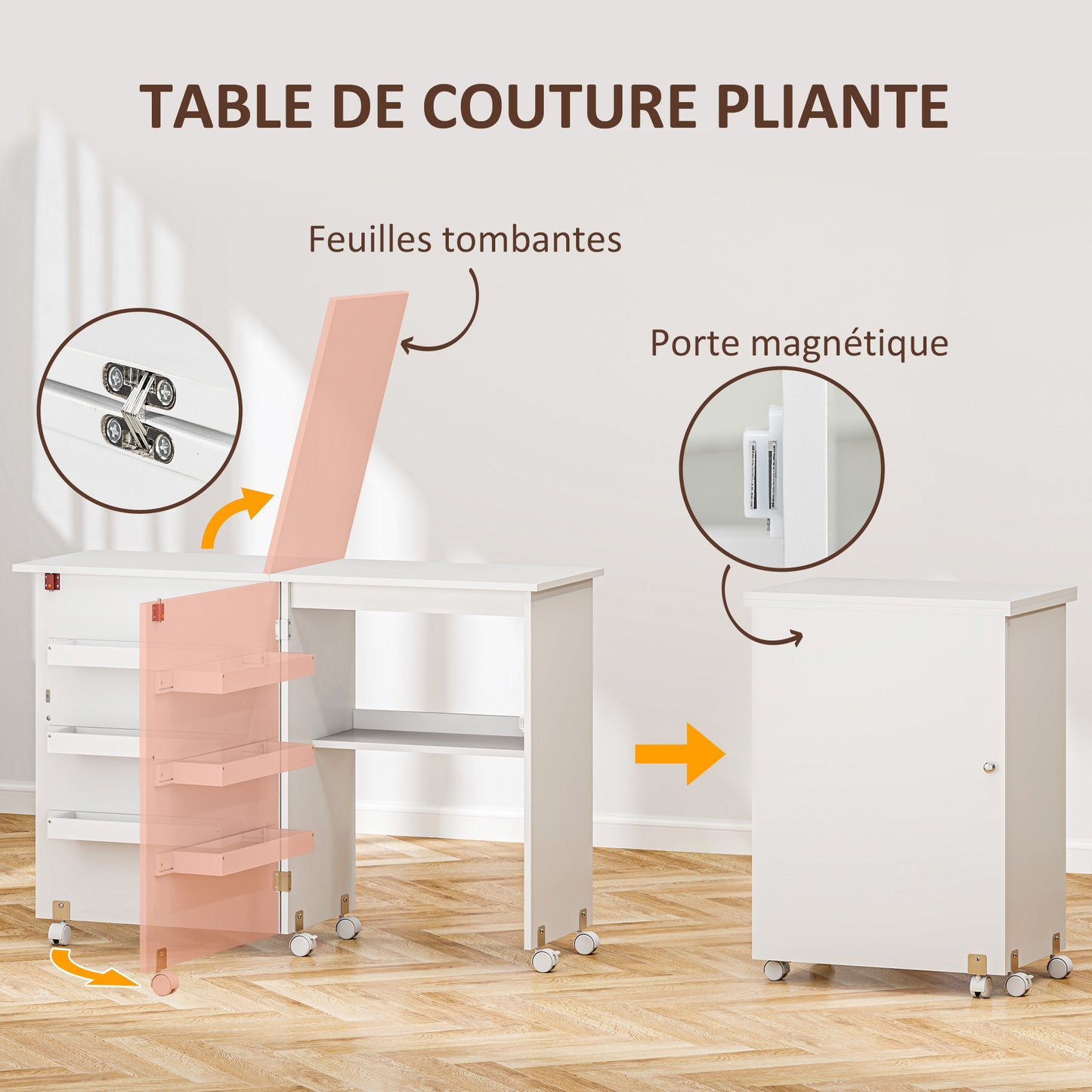 Naaitafel – Naaikast – Werktafel – Hobbytafel – Creatieve Tafel – Inklapbaar Werkblad – Stevig Houten Frame – Opbergruimte Met Wieltjes – Wit – 118x40x79,5 cm