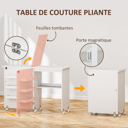 Naaitafel – Naaikast – Werktafel – Hobbytafel – Creatieve Tafel – Inklapbaar Werkblad – Stevig Houten Frame – Opbergruimte Met Wieltjes – Wit – 118x40x79,5 cm
