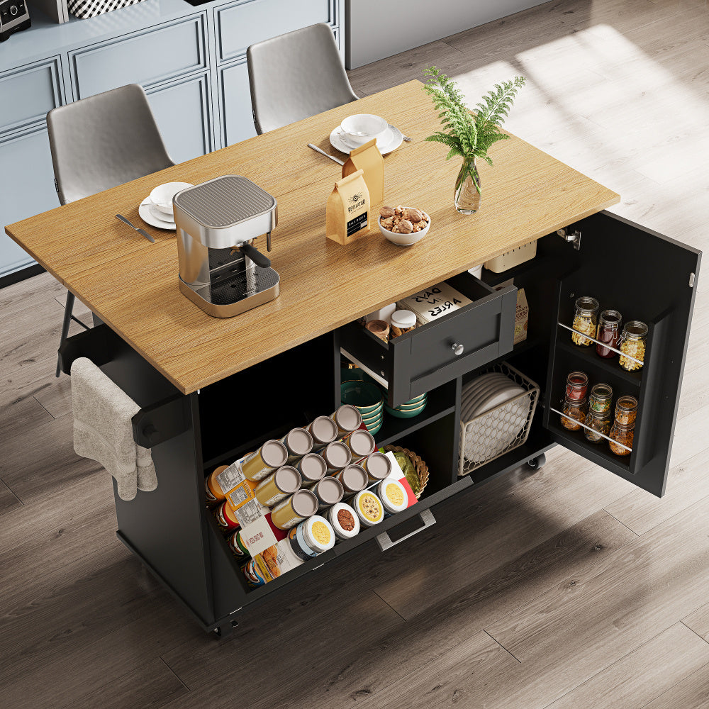 Keukeneiland – Keukentrolley – Keukenkast – Serveerwagen – Buffetkast – Zwart Retro Design – Ruime Opbergruimte – Duurzame MDF & Metaal – Ruimtebesparend Zonder Elektriciteit