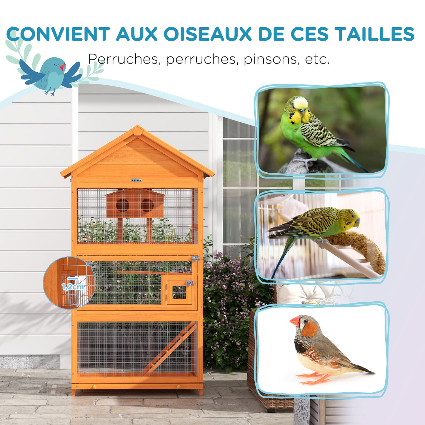 Vogelkooi – Vogelkooi Hout – Papegaaienkooi – Buitenkooi – Parkietenkooi – Ruim Formaat 92x52x171 cm – Waterdicht Asfalt Dak – Oranje