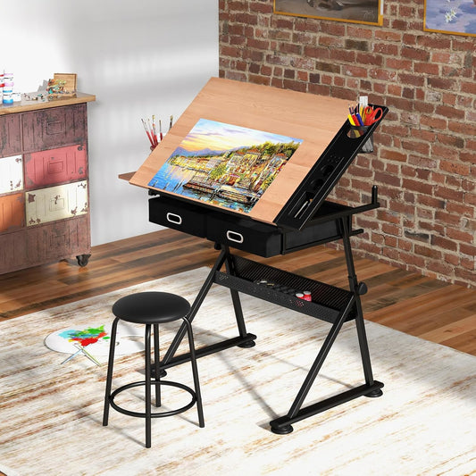 Tekentafel – Tekenbord – Tekentafel Met Kruk – Werktafel – Tekentafel Verstelbaar – Verstelbare Hoogte – Kantelbaar Tafelblad – Met Opberglades