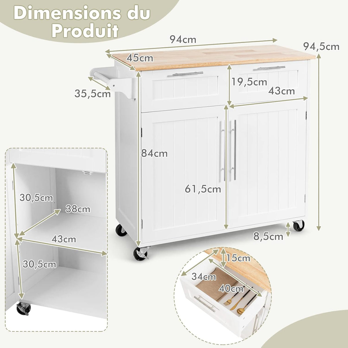 Keukentrolley – Keukenwagen – Keukenkar – Opbergtrolley – Keukenmeubel – Mobiel met Wieltjes – Extra Werkblad – Robuuste Opbergruimte