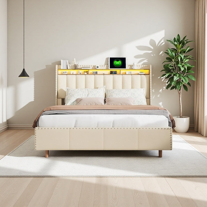 Bedombouw – Bedframe – Ledikant – Gestoffeerd Bed – Opbergbed – Tweepersoonsbed – Velvet Beige – 140x200 cm – Met USB Oplaadpoort en LED Verlichting