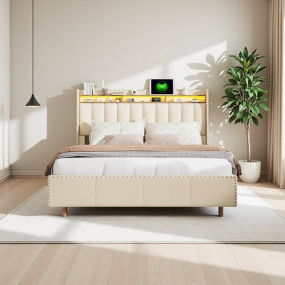 Bedombouw – Bedframe – Ledikant – Gestoffeerd Bed – Opbergbed – Tweepersoonsbed – Velvet Beige – 140x200 cm – Met USB Oplaadpoort en LED Verlichting
