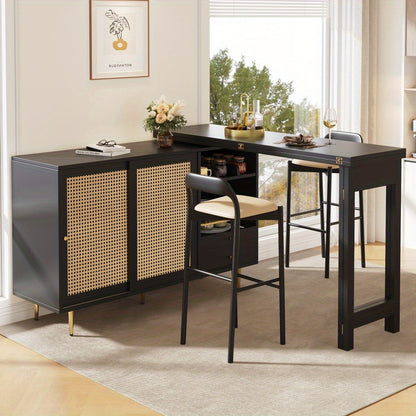 Modern Black Metal Storage Island with 360° Rotating Tabletop, Extendable Design, Wicker Doors & Open Shelves - 107 x 40 x 71.4cm, Perfect for Kitchen and Dining Room Organization, Kitchen Storage Solution | Sleek Metallic F