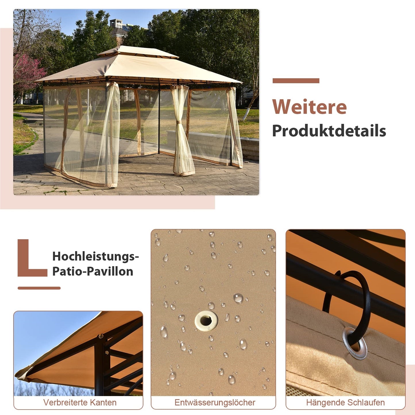 Metalen Tuinpaviljoen – Partytent – Prieel – Paviljoen – Tenten – Verwijderbare Zijwanden – Stevig Stalen Frame – 3 x 4 m Bruin