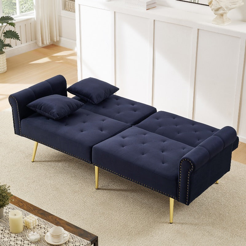 Sofa Bed – Slaapbank – Logeerbank – Bedbank – 2-Zits Bank – Fluwelen Navy Blauw/Zwart – 3-Standen Verstelbare Rugleuning – Ruimtebesparend Compact Design