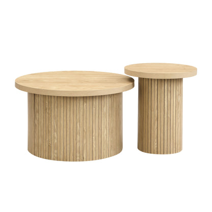 Salontafel – Dubbele Tafel – Ronde Koffietafel – Bijzettafel – Woonkamertafel – Natuurlijk Hout – Met Houten Lamellen – Multifunctioneel
