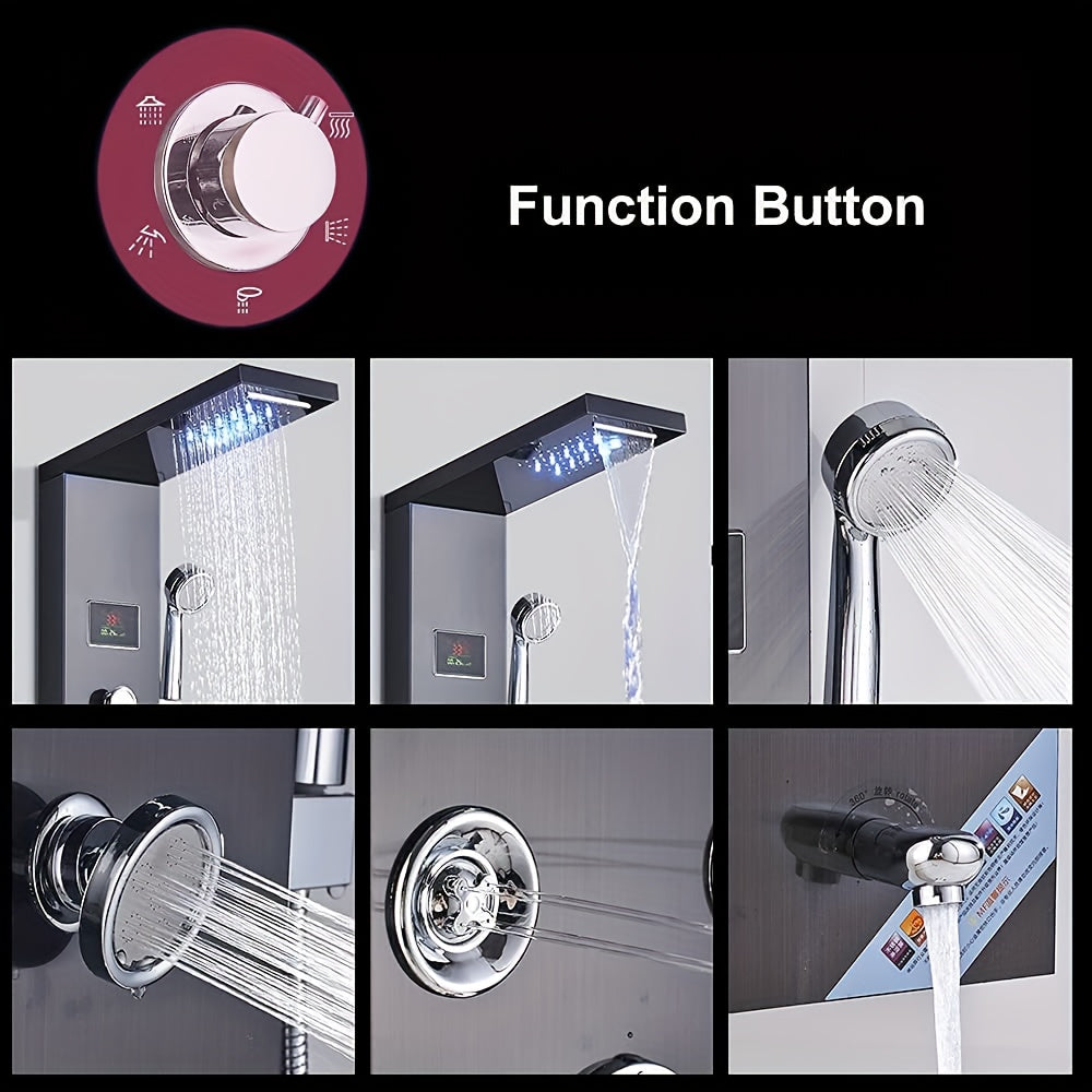 doucheset – douchepaneel – shower panel – regendouche – handdouche – 6 functies – roestvrij staal mat zwart – massagestralen en watervalstraal