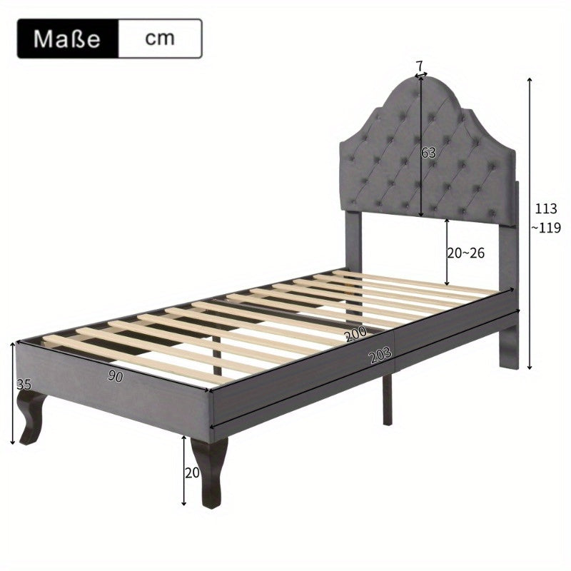 Grijs Fluwelen Bed – Eenpersoonsbed – 1-Persoonsbed – Bedframe – Slaapbed – Verstelbare Hoofdbord – Lattenbodem – 90x200 cm – Eenvoudige Montage