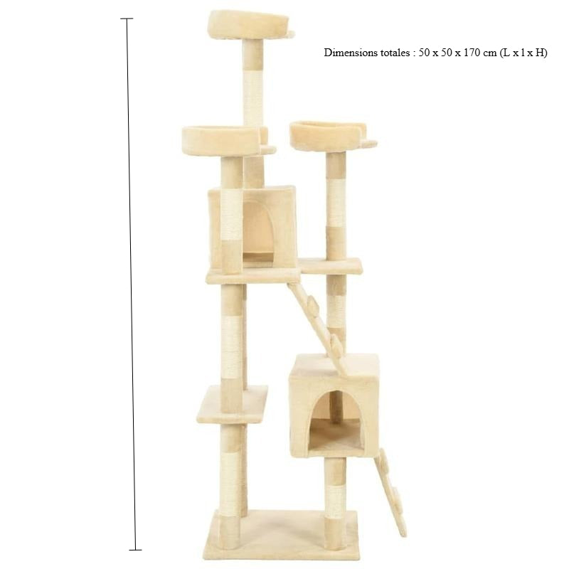 Beige Cat Tree 170cm with Sisal Scratching Posts Cat Scratcher Tower Stable Base Multi-level Cat Activity Center Indoor Living Room Balcony Pet Supplies, Pet Play Tower, Cat Furniture, Cozy Perch, Multilevel Design, Soft Fabr