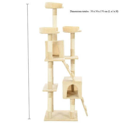 Beige Cat Tree 170cm with Sisal Scratching Posts Cat Scratcher Tower Stable Base Multi-level Cat Activity Center Indoor Living Room Balcony Pet Supplies, Pet Play Tower, Cat Furniture, Cozy Perch, Multilevel Design, Soft Fabr