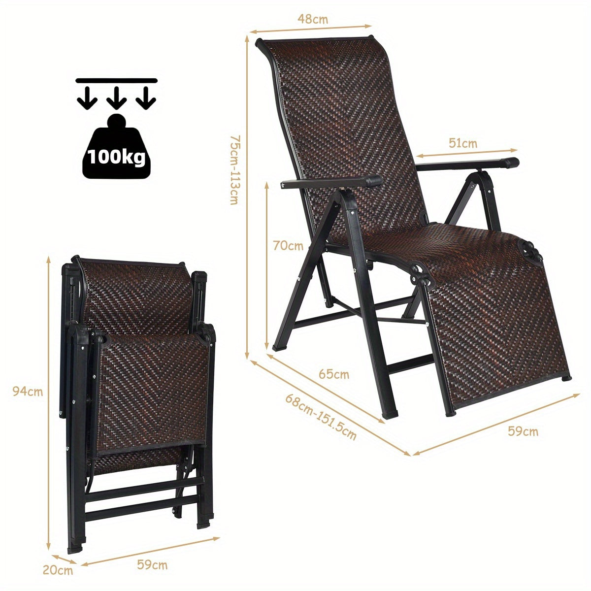 Rattan Ligstoel Set – 2-delige Tuinstoel – Inklapbare Ligstoel – Verstelbare Rugleuning – Buitenstoel Met Armleuningen – Weerbestendig Rattan – Compact Opvouwbaar – Stijlvolle Tuinlounger