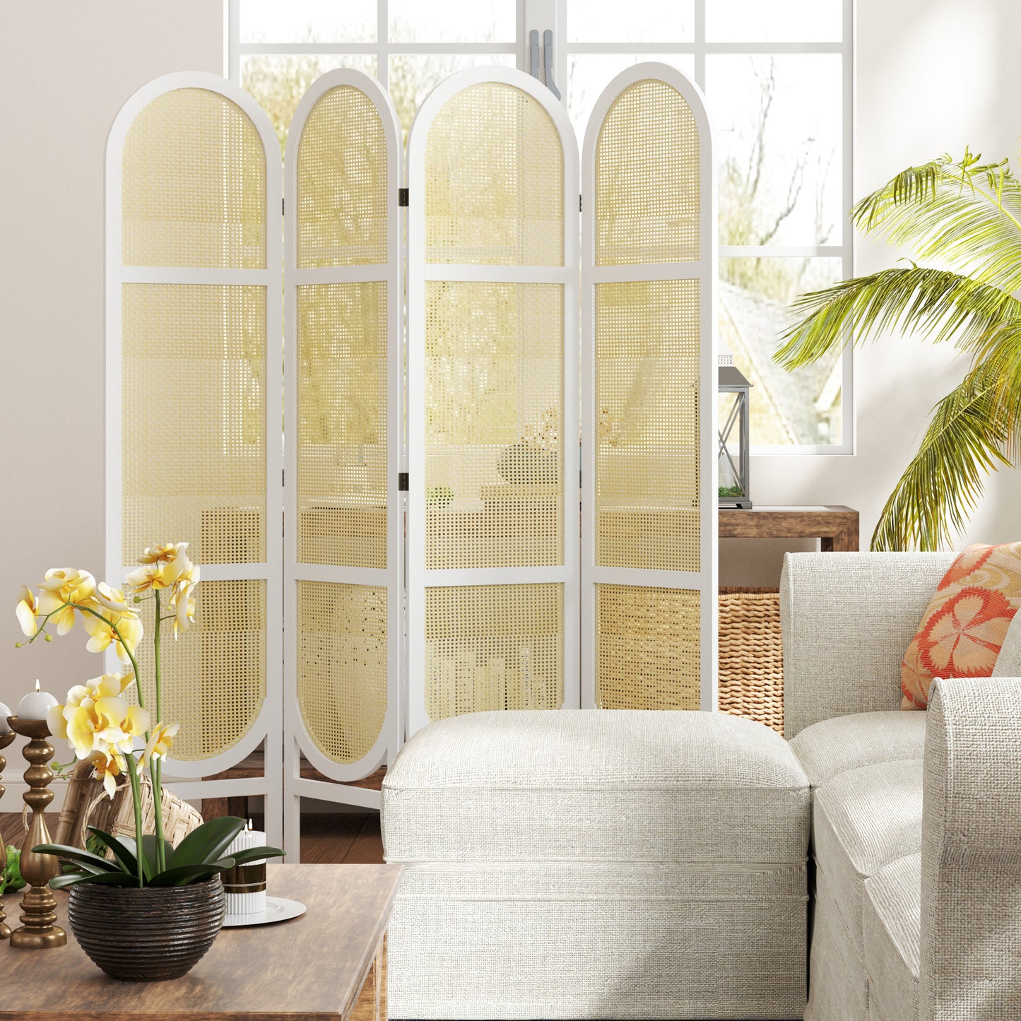 Kamerscherm – Room Divider – Scheidingswand – Vouwscherm – Privacy Scherm – Wit – 4 Panelen – Lichtgewicht Paulownia Hout & Kunstrotan