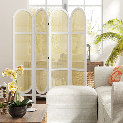 Kamerscherm – Room Divider – Scheidingswand – Vouwscherm – Privacy Scherm – Wit – 4 Panelen – Lichtgewicht Paulownia Hout & Kunstrotan