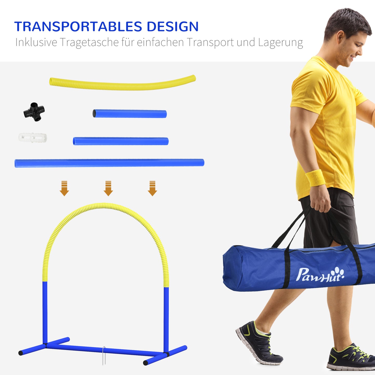 Agility Set Honden – Hondentraining – Behendigheidsset – Trainingsparcours – Agility Hindernissen – Blauw-Geel – 4 Boogbogen – Inclusief Draagtas – Compacte Afmetingen 88x64x95 cm