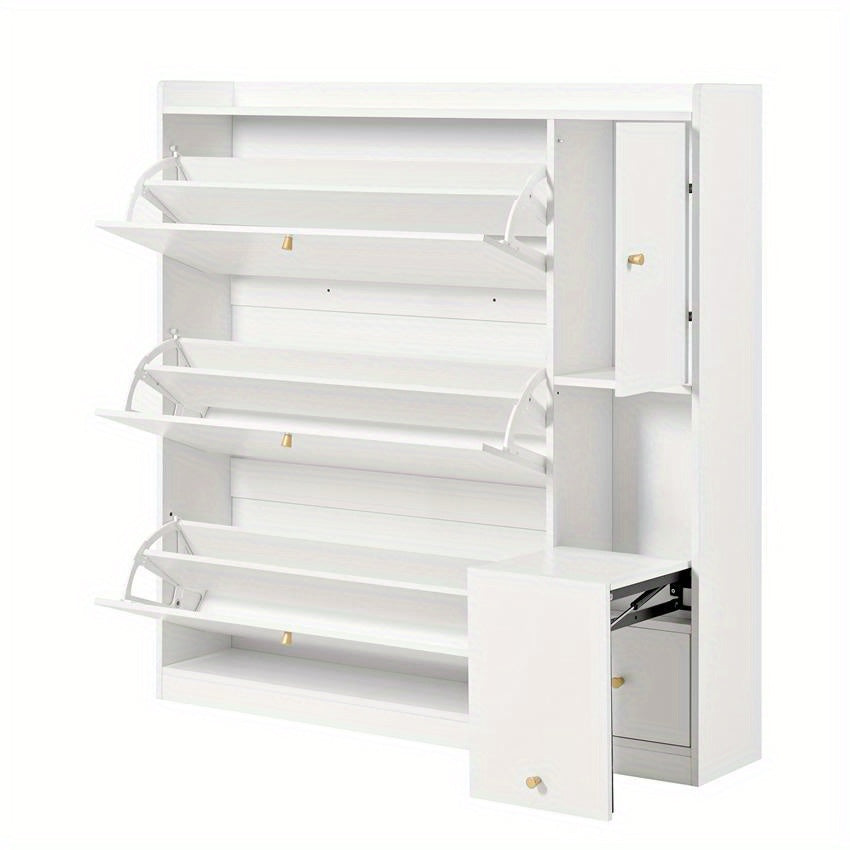 Schoenenkast – Schoenopberger – Schoenmeubel – Schoenrek – Schoenbank – Wit MDF – Kantelbare Lades en Opvouwbare Zitbank