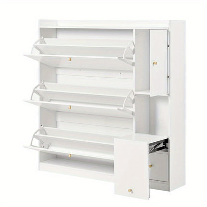 Schoenenkast – Schoenopberger – Schoenmeubel – Schoenrek – Schoenbank – Wit MDF – Kantelbare Lades en Opvouwbare Zitbank