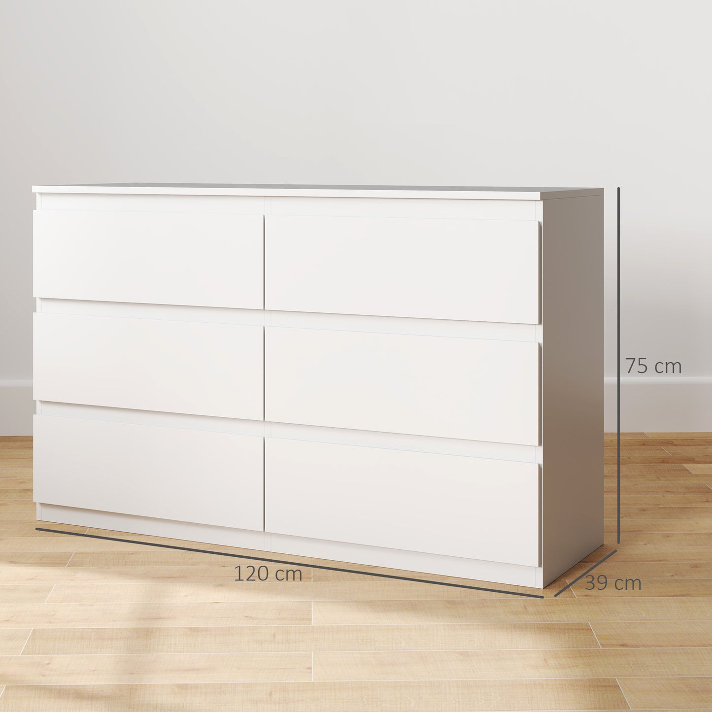 Ladekast – Dressoir – Kast – Commode – Opbergmeubel – 6 Lades – Softclose – Wit – 120 x 39 x 75 cm – Houten Materialen