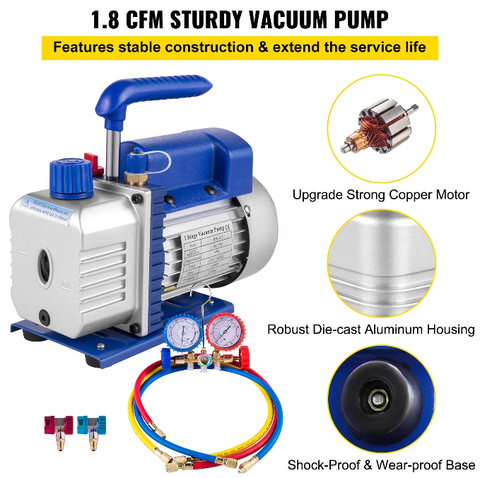 Vacuumpomp - 1.8CFM - 2 fasen - 1HP Koelmiddel Vacuümpomp - Koelgereedschap - HVAC-koeling - met spruitstukmeter - Blauw - QUORE