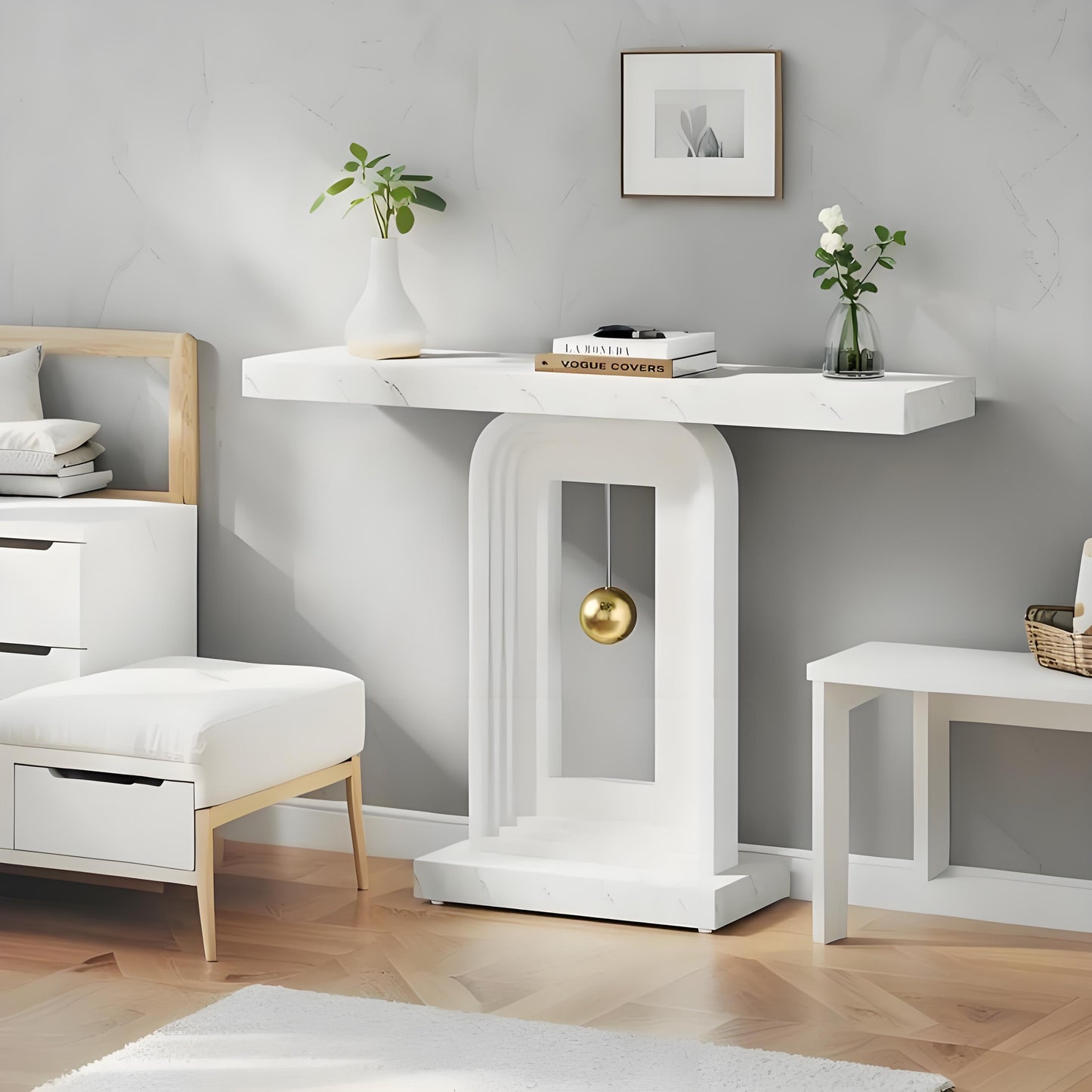 Sidetable – Console Tafel – Haltafel – Sofa Tafel – Wandtafel – Smal Ontwerp – Faux Marmeren Blad – Stevig Houten Frame – Pendelbasis – 102,87 cm Lang – Eenvoudige Montage