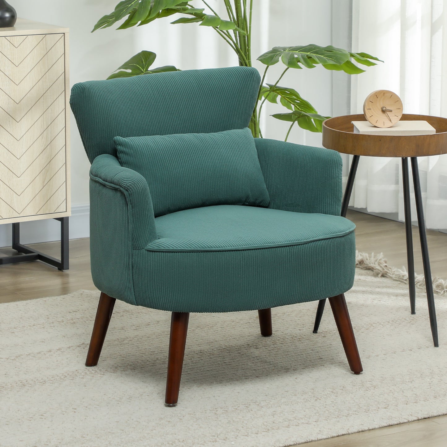 Fauteuil – Armstoel – Lounge Stoel – Zetel – Accentstoel – Donkergroen – Ergonomisch Lendenkussen – Rubberhouten Poten