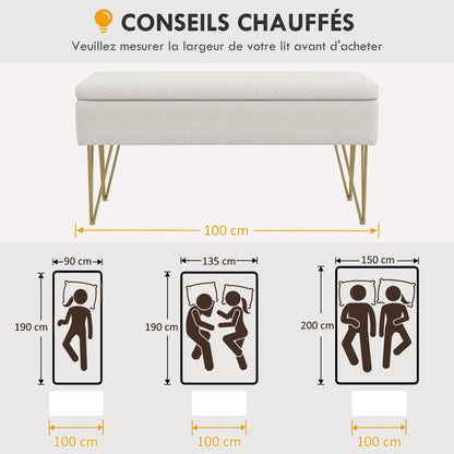 Opbergbank – Bergbank – Opbergkist – Poef – Zitbank – Linnenstof Creme – Met Gouden Metalen Poten – 100x40x49 cm – Met Opbergruimte