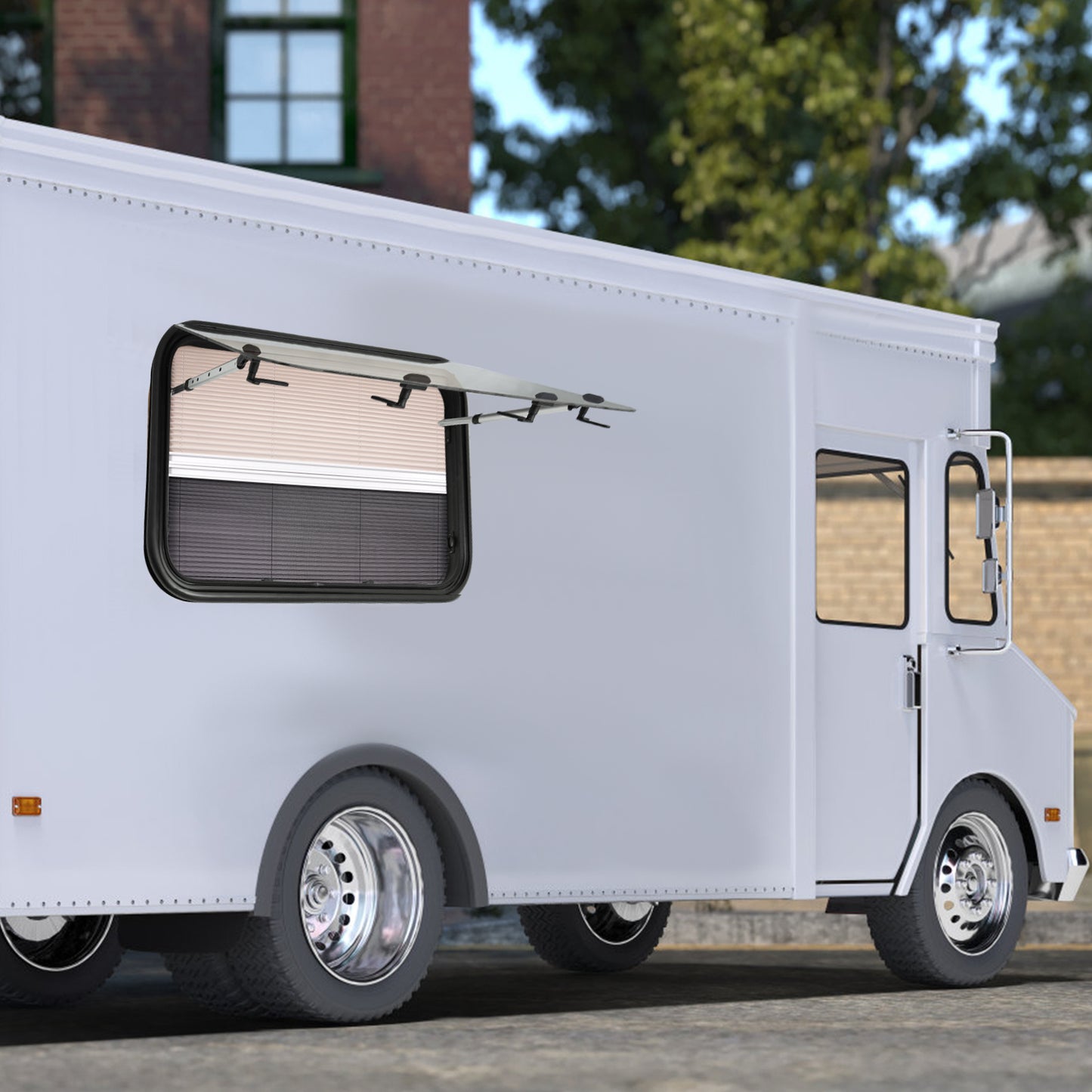 Camperraam – Camper Uitzetraam – Caravan Raam – Motorhome Raam – Uitschuifraam – Gehard Glas 4mm – Nooduitgang 65° Openend – Aluminium Frame