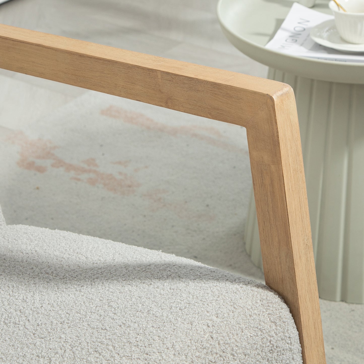 Schommelstoel – Relaxstoel – Fauteuil – Voedingsstoel – Loungestoel – Bouclé Stoffering – Massief Hevea Houten Frame – 60 x 81 x 71 cm – 150 kg Draagkracht