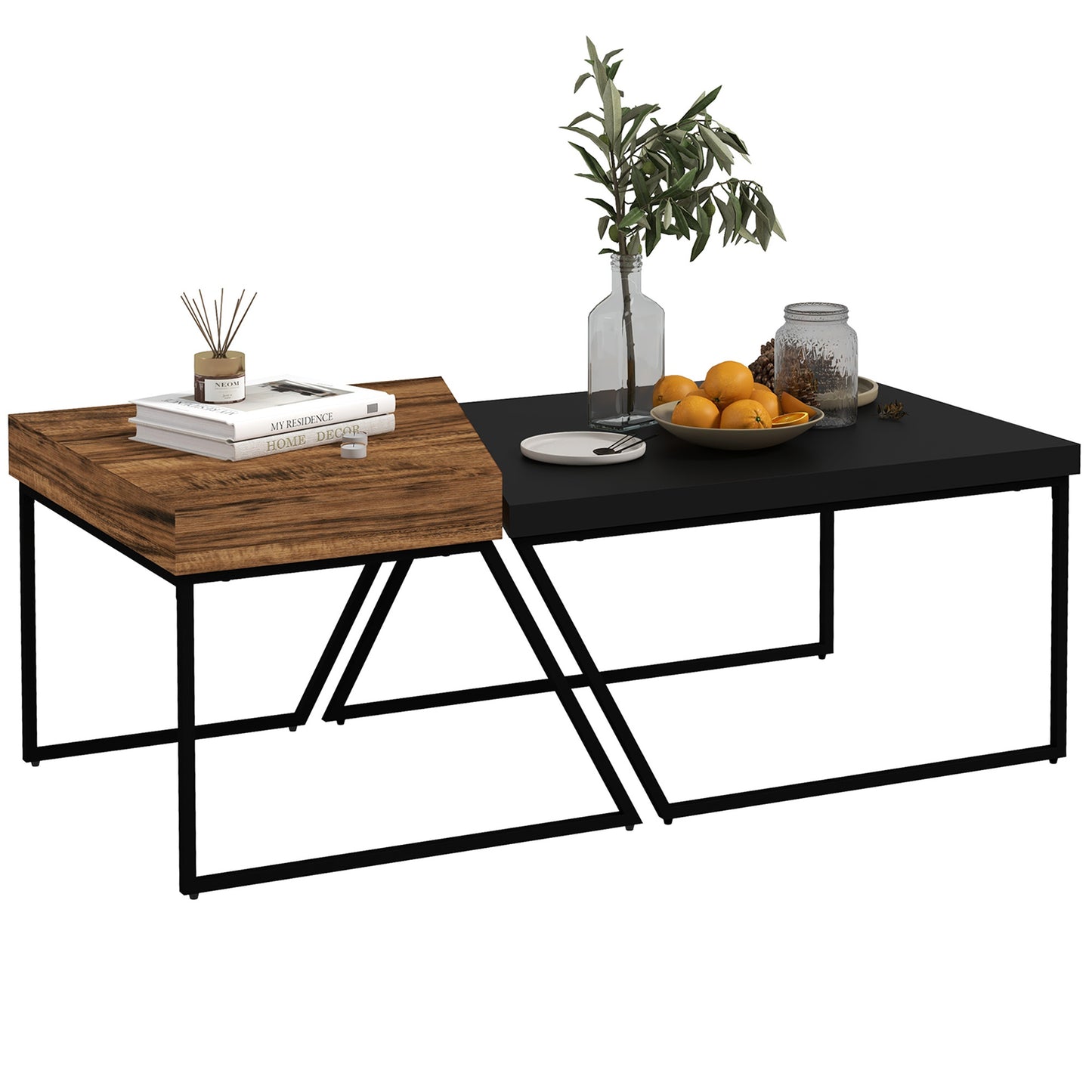 Salontafel Set – Bijzettafel – Koffietafel – Woonkamertafel – Tafeltje – Industrieel Design – Stalen Poten – Zwart – Set Van 2 – Multifunctioneel Gebruik